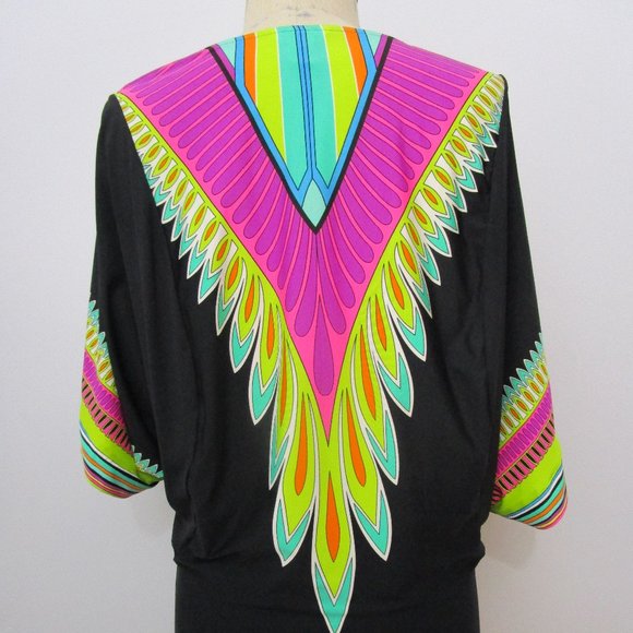 Tunic Dress Swim Coverup Neon Dashiki Print Pink Black Knit Vaca - Picture 4 of 11
